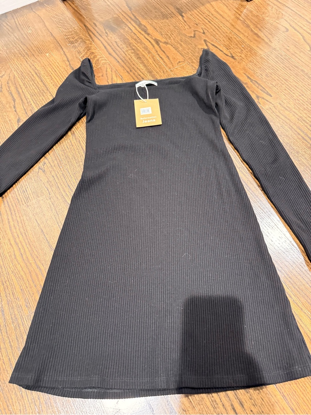 Reformation Black Ribbed Square-Neck Long Sleeve Dress